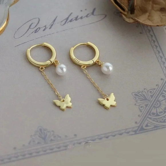 925 Sterling Silver Dangle Butterfly Pearl Huggie Earrings Gold - Picture 2 of 5